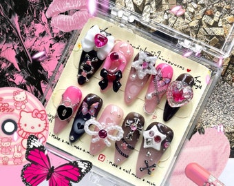 BLACK-PINK press-on nails [ open for custom made ] fake nails / handmade / nails /  nail art /  premieum press on nail / reuseable nails
