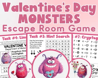 Valentine's Day Monsters Printable Escape Style Activity Game for Ages 8-12 with Coordinating Printable Party Decor 9 Task Puzzles