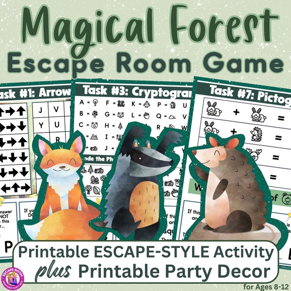 Magical Forest Printable Escape Style Activity Game for Ages 8-12 with Coordinating Printable Party Decor 9 Task Puzzles