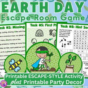 Earth Day Themed Printable Escape Room Style Activity Game for Ages 8-12 with Coordinating Printable Party Decor 9 Task Puzzles