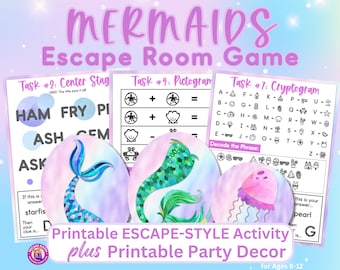 Mermaids Printable Escape Style Activity Game for Ages 8-12 with Coordinating Printable Party Decor 9 Task Puzzles