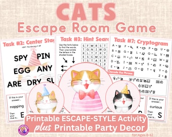 Cats Escape Room Game: Printable Party Decor & Puzzles (Ages 8-12)