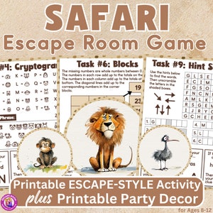 Safari Printable Escape Style Activity Game for Ages 8-12 with Coordinating Printable Party Decor 9 Task Puzzles