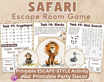 Safari Printable Escape Style Activity Game for Ages 8-12 with Coordinating Printable Party Decor 9 Task Puzzles