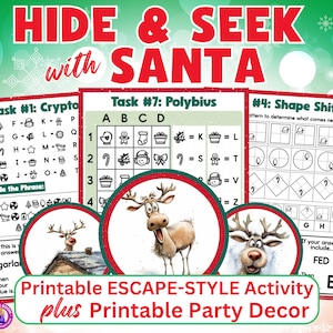 Christmas Hide and Seek with Santa Printable Escape Style Activity Game for Ages 8-12 with Coordinating Printable Party Decor 9 Task Puzzles