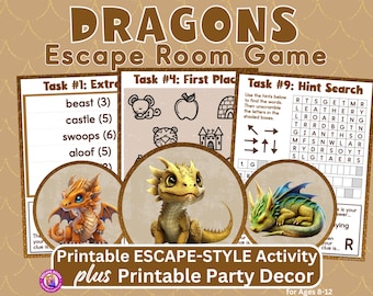 Può includere: Gioco di escape room stampabile per bambini dai 8 ai 12 anni con draghi. Il gioco include una ricerca di parole, una parola mescolata e un'attività di abbinamento di immagini. Il gioco è decorato con illustrazioni di draghi.