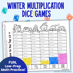 Pode incluir: Uma folha de trabalho para um jogo de dados de multiplicação com tema de inverno. A grade contém problemas de matemática e ilustrações de pinguins e ursos com chapéus de inverno. O título "WINTER MULTIPLICATION DICE GAMES" está no topo.