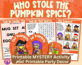 May include: Printable Thanksgiving mystery game for kids ages 8-12. The game features a colorful orange background with a turkey character and the text "Who Stole the Pumpkin Spice?"  The game includes a word search, a center start task, and a list of suspects.