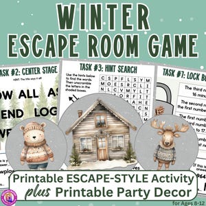 Puede incluir: Juego de escape room de invierno imprimible con una cabaña, un oso y un alce. El juego incluye tareas como una búsqueda de palabras, un rompecabezas de escenario central y una caja de seguridad. El juego es para niños de 8 a 12 años.