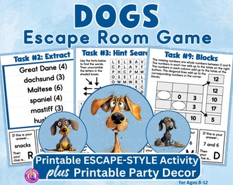 Dogs Printable Escape Style Activity Game for Ages 8-12 with Coordinating Printable Party Decor 9 Task Puzzles