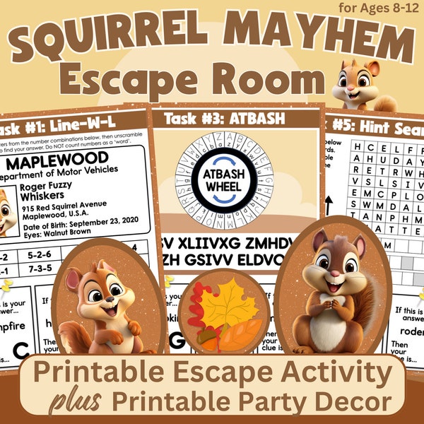 Fall Squirrel Mayhem Printable Escape Room with Party Decorations for Kids Ages 8-12, Family Game Night, Class Parties, Birthday Parties