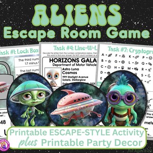 Aliens Printable Escape Style Activity Game for Ages 8-12 with Coordinating Printable Party Decor 9 Task Puzzles