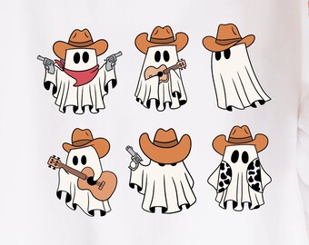 May include: A white long-sleeve sweatshirt featuring a graphic print of six ghosts wearing brown cowboy hats. The ghosts are depicted in various poses, some holding guitars, pistols, or wearing a red bandana and cow-print vest, arranged in two rows.