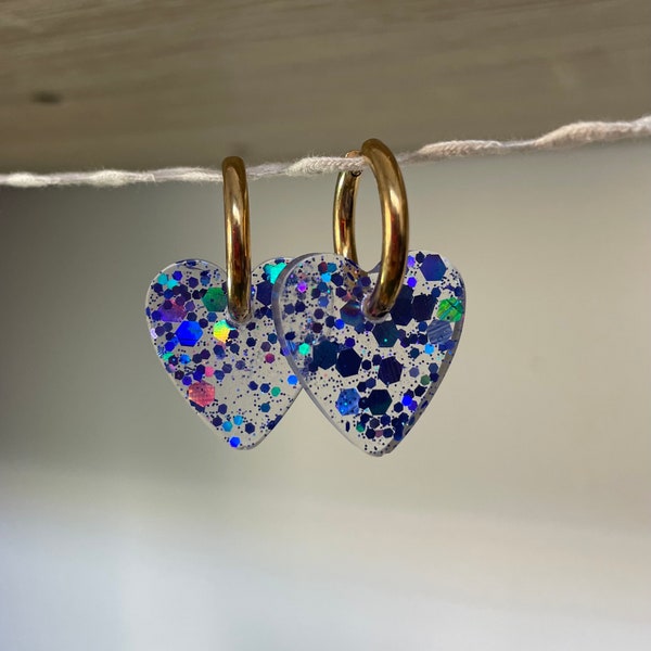 Heart Hoop Earrings in Transparent and Purple Resin | Stainless Steel Jewelry - Elegant Accessory for Women, Modern Style