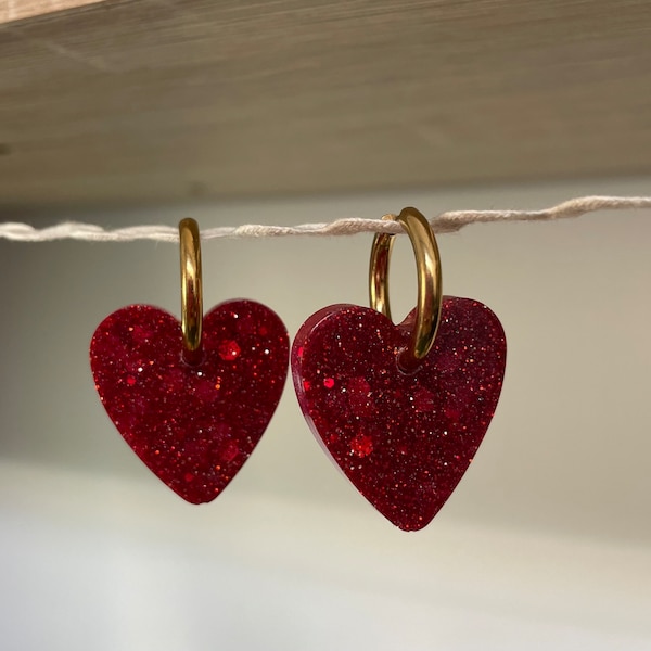 Heart Hoop Earrings in Red Resin | Stainless Steel Jewelry - Elegant Accessory for Women, Modern Style