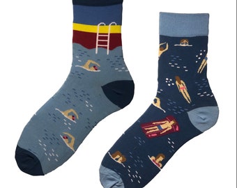 Pool Swimmer Unisex Socks, Funny Socks, Cozy Socks, Men Socks, Woman Socks, Crazy Socks, Cool Socks, Gift Idea, Perfect Gift, Mismatched