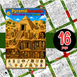 May include: A colorful children's activity book titled "Pyramid Adventure: Hidden Objects Coloring Book for Kids." The cover features an illustrated pyramid scene with explorers, treasures, and a camel. Includes 16 pages of hidden object puzzles.