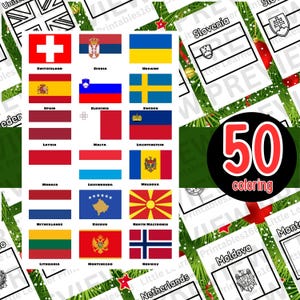 Puede incluir: Una colorida impresión educativa con banderas de varios países europeos, como Suiza, España y Suecia. La imagen también incluye el texto "50 coloring" en un diseño circular y la palabra "PREVIEW".
