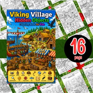 May include: A colorful "Viking Village Hidden Objects Coloring Book for Kids" with a detailed illustration of a Viking village scene. The cover features a Viking ship, buildings, and the text "16 page". Includes a list of hidden objects.