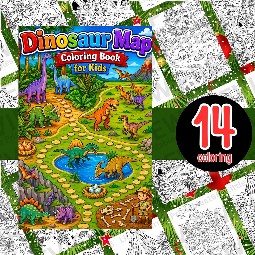 Dinosaur Map Coloring Book for Kids Prehistoric Adventure Dino World ...