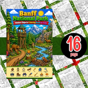 May include: A colorful "Banff National Park" hidden objects coloring book for kids. The cover features a detailed illustration of a mountain scene with bears, deer, and a river. Includes a 16-page booklet with hidden object puzzles.