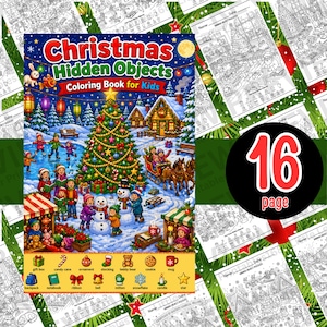 May include: A 16-page Christmas Hidden Objects coloring book for kids featuring a colorful cover illustration of a winter village scene with a decorated tree, people ice skating, a horse-drawn sleigh, and a list of items to find at the bottom.
