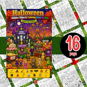 May include: A Halloween hidden objects coloring book for kids featuring a colorful carnival scene with a spooky funhouse, a Ferris wheel, a popcorn stand, and various costumed characters. The cover includes a list of items to find with icons.