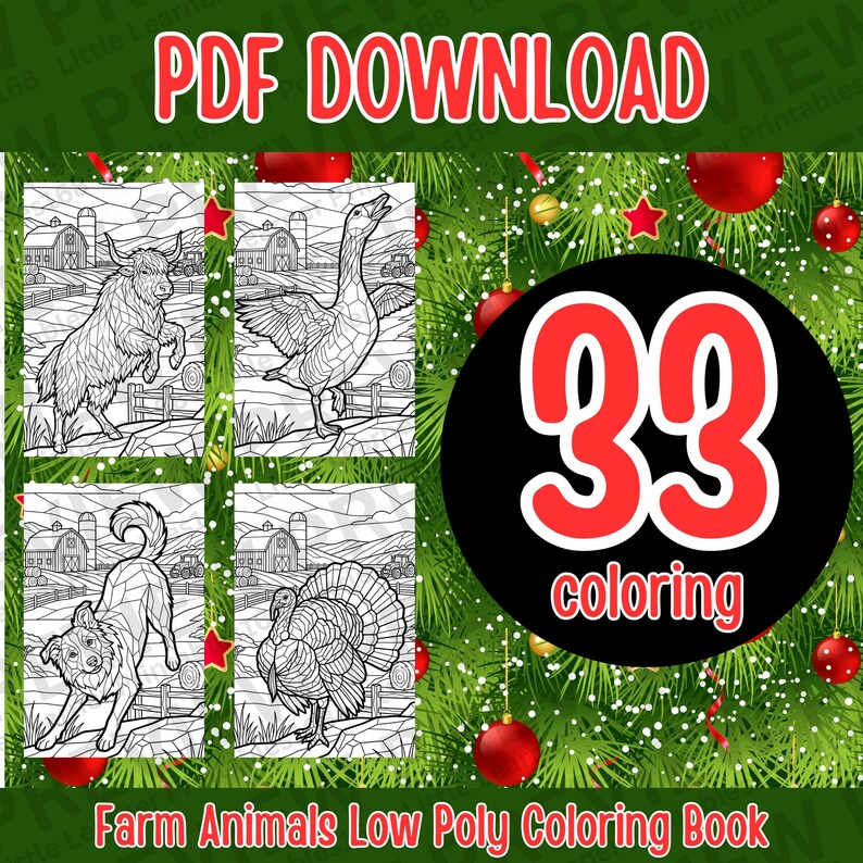 Farm Animals Low Poly Coloring Book Printable Pages for Kids and Adults ...