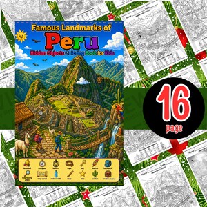 May include: A colorful coloring book titled "Famous Landmarks of Peru" for kids, featuring a detailed illustration of Machu Picchu and surrounding mountains. The cover includes the text "Hidden Objects Coloring Book for Kids" and a 16-page count.