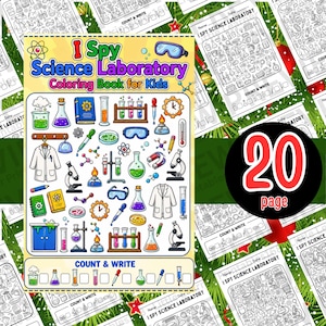 May include: A colorful "I Spy Science Laboratory Coloring Book for Kids" with various science-themed illustrations. The cover features lab equipment, and the book is 20 pages long. Includes "Count & Write" activities.