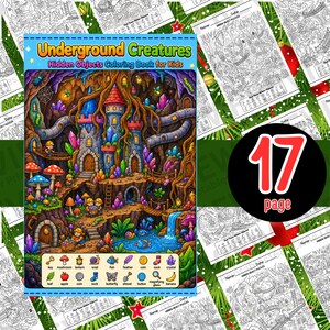 May include: A colorful children's coloring book titled "Underground Creatures" with a fantasy castle scene. The cover features a vibrant illustration of a cave with a castle, mushrooms, and crystals. The book has 17 pages.