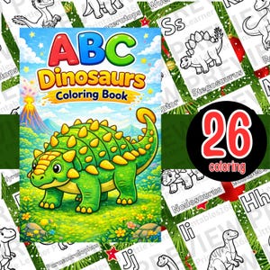 May include: A colorful children's coloring book titled "ABC Dinosaurs Coloring Book" featuring a green dinosaur illustration. The cover has the text "ABC Dinosaurs Coloring Book" in bright colors. The image also includes a black circle with the number "26" and the word "coloring".