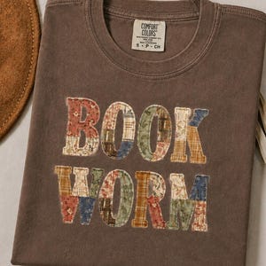 Bookworm Shirt, Faux Patchwork Quilt Book Lover Tee, Comfort Colors Reader Gift, Cottagecore Bookish Top, Literary Appliqué T-Shirt