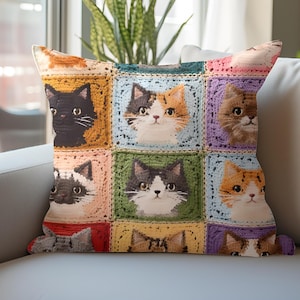 Cojín decorativo para amantes de los gatos: adorable cojín de raza de gato, regalo acogedor para amantes de las mascotas, caras de gato estampadas a crochet (4 tamaños)