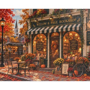 Pode incluir: Um quebra-cabeça retratando uma livraria chamada Willow & Page Bookshop com um toldo listrado, folhagem de outono, abóboras e um poste de luz. A fachada exibe livros, placas e iluminação quente em uma calçada coberta por folhas caídas.
