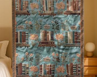 Book Lover Woven Blanket • Cottagecore Bookshelf Throw • Literary Gift • Vintage Library Decor • Cozy Woven Tapestry • 3 Sizes