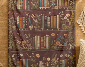 Floral Bookshelf Throw Blanket - Cozy Cottagecore Book Lover Gift
