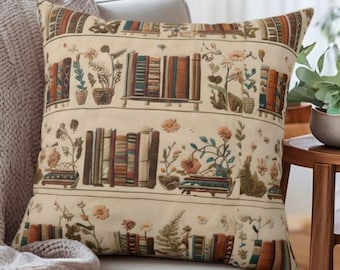 Floral Bookshelf Throw Pillow | Book Lover Gift | Cottagecore Reading Decor | Librarian Teacher Gift | Botanical Library Pillow 4 Sizes