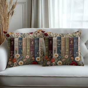 Funda de almohada floral con diseño de libro vintage, cojín decorativo estilo cottagecore, cojín de decoración literaria, regalo botánico para amantes de los libros, almohada rústica de granja. imagen 8
