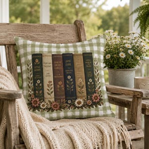 Classic Literature Pillow, Sage Green Gingham Book Spine Throw Pillow Cover, Jane Austen Pride and Prejudice Decor, English Teacher Gift