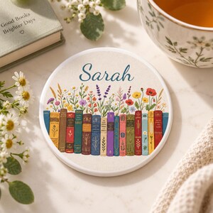 Personalized Book Lover Coaster | Custom Name Bookshelf Wildflower Ceramic Coaster | Cottagecore Bookish Gift | Reader Gift | Librarian Gift