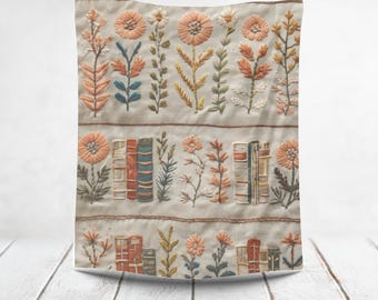 Boho Floral Book Plush Blanket Cozy Embroidered Style Throw, Book Lover Gift, Botanical Cottagecore Blanket, Literary Home Decor