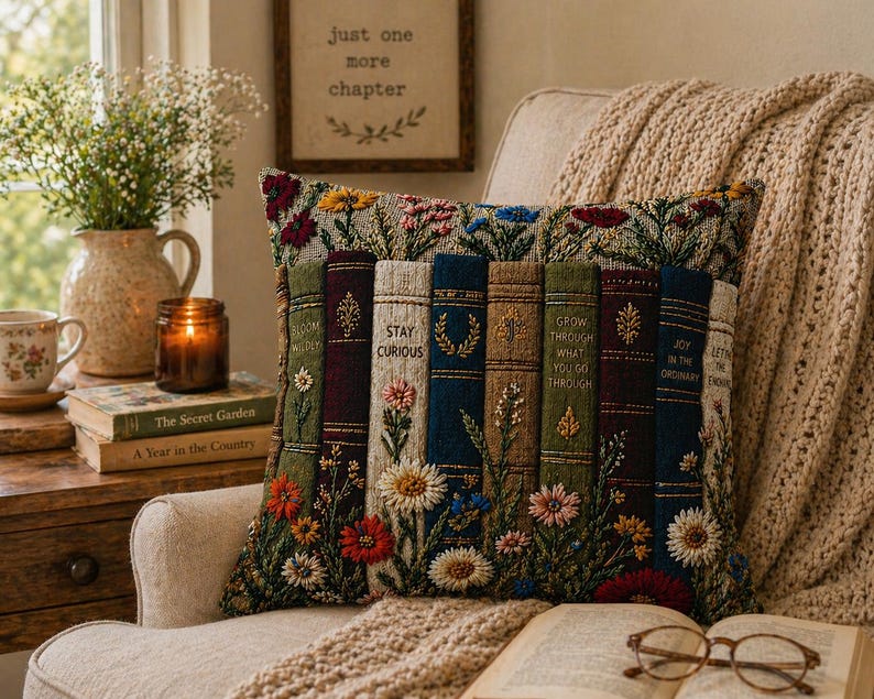 Funda de almohada floral con diseño de libro vintage, cojín decorativo estilo cottagecore, cojín de decoración literaria, regalo botánico para amantes de los libros, almohada rústica de granja. imagen 6