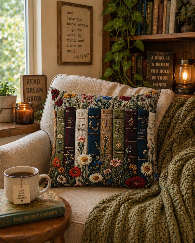 Funda de almohada floral con diseño de libro vintage, cojín decorativo estilo cottagecore, cojín de decoración literaria, regalo botánico para amantes de los libros, almohada rústica de granja. imagen 2