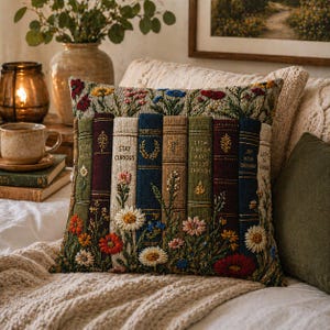 Funda de almohada floral con diseño de libro vintage, cojín decorativo estilo cottagecore, cojín de decoración literaria, regalo botánico para amantes de los libros, almohada rústica de granja. imagen 3