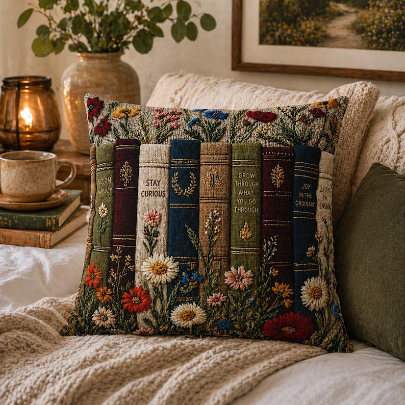Funda de almohada floral con diseño de libro vintage, cojín decorativo estilo cottagecore, cojín de decoración literaria, regalo botánico para amantes de los libros, almohada rústica de granja. imagen 3