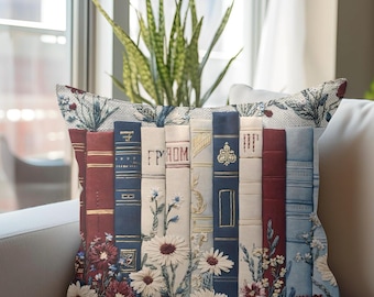 Funda de almohada para amantes de los libros / Cojín decorativo estilo cottagecore / Cojín de lectura floral / Regalo acogedor para lectores / Detalle decorativo bohemio para el hogar