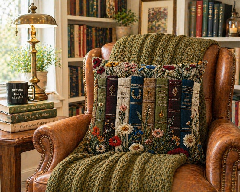 Funda de almohada floral con diseño de libro vintage, cojín decorativo estilo cottagecore, cojín de decoración literaria, regalo botánico para amantes de los libros, almohada rústica de granja. imagen 5