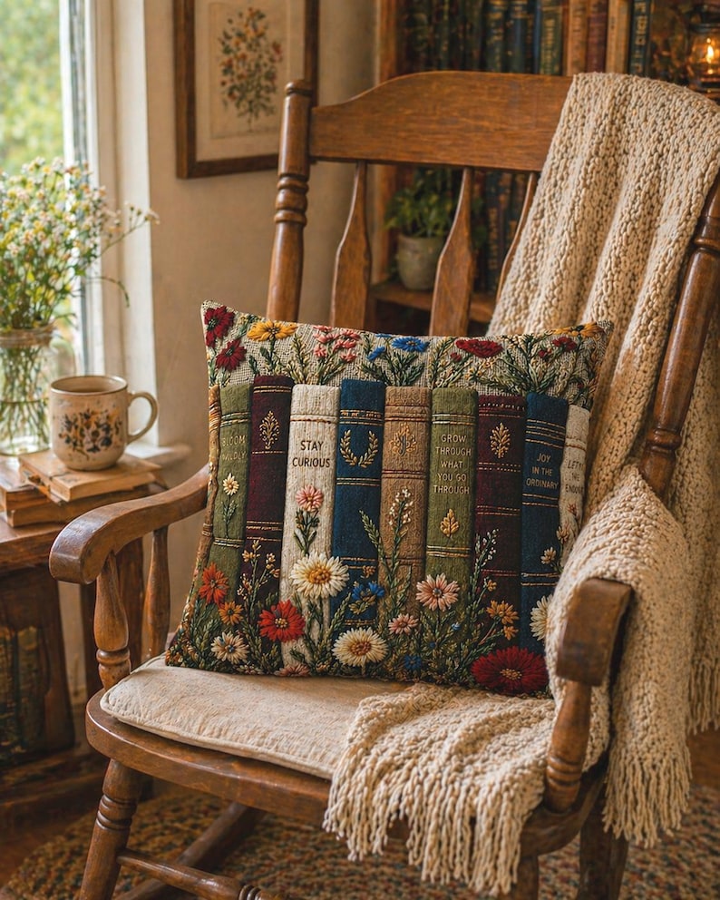 Beautifully detailed vintage book floral pillow brings together the charm of antique library shelves and wildflower meadows in one cozy accent piece. Each “book spine” features uplifting phrases like Stay Curious and Grow Through What You Go Through, making it more than décor… it’s a daily dose of inspiration stitched into comfort.