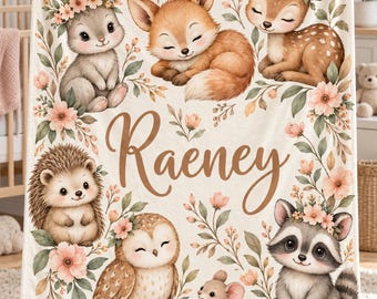 Woodland Raccoon Name Blanket | Personalized Baby Nursery Throw